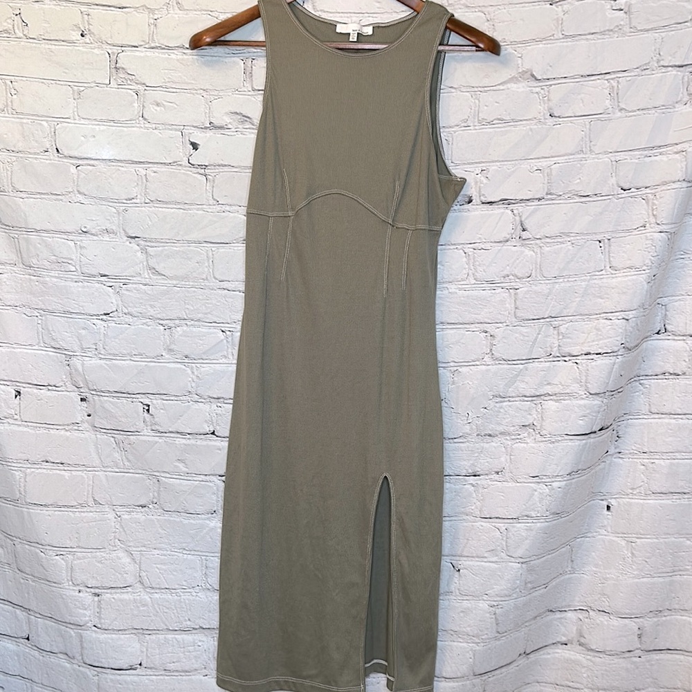 June & Hudson Green Ribbed White Trim Midi Slit Body Con Dress Size Medium